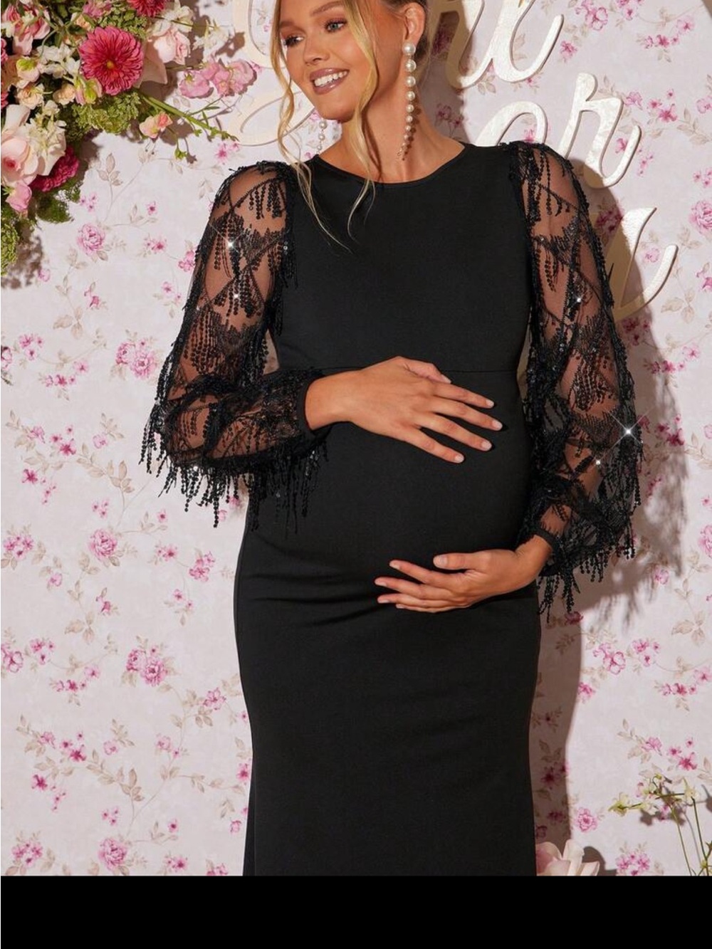 SHEIN Black Maternity Long Sleeve Beaded Sheer-Sleeve Gown